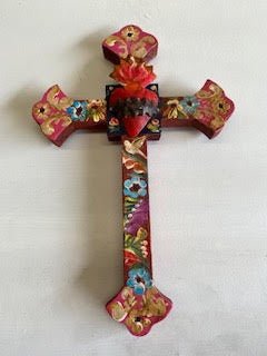 Mexican Antique Look Cross with Tin Heart - Gaudy & Prim