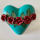 Mexican Turquoise Tin Heart with Red Roses - Gaudy & Prim
