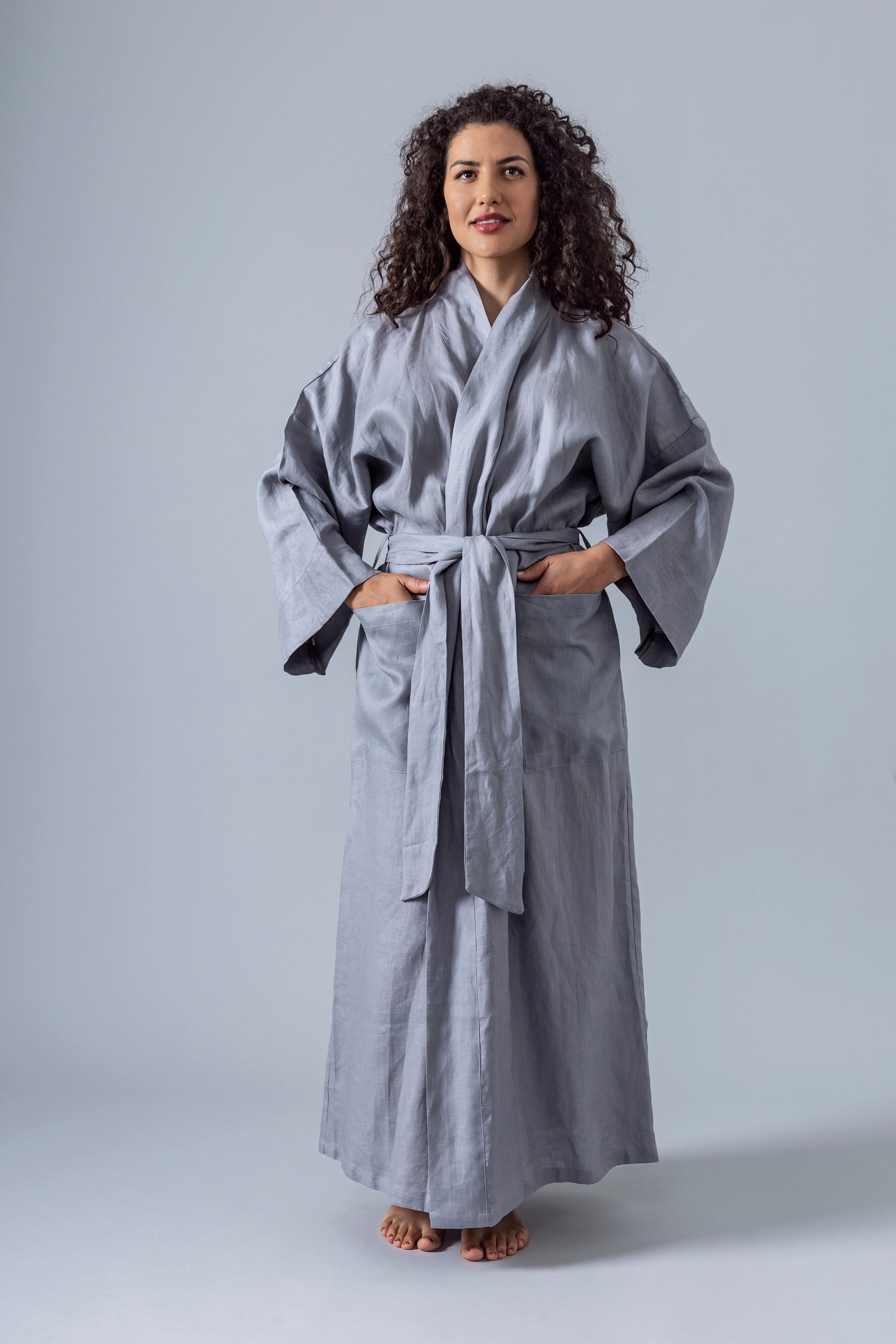 Linen Kimono Bathrobe - Grey - Gaudy & Prim