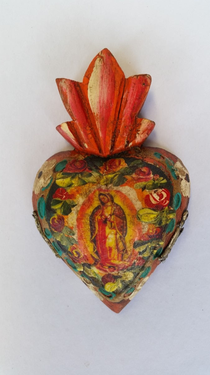 Mexican Wooden Heart With Guadalupe Virgin Small - Gaudy & Prim
