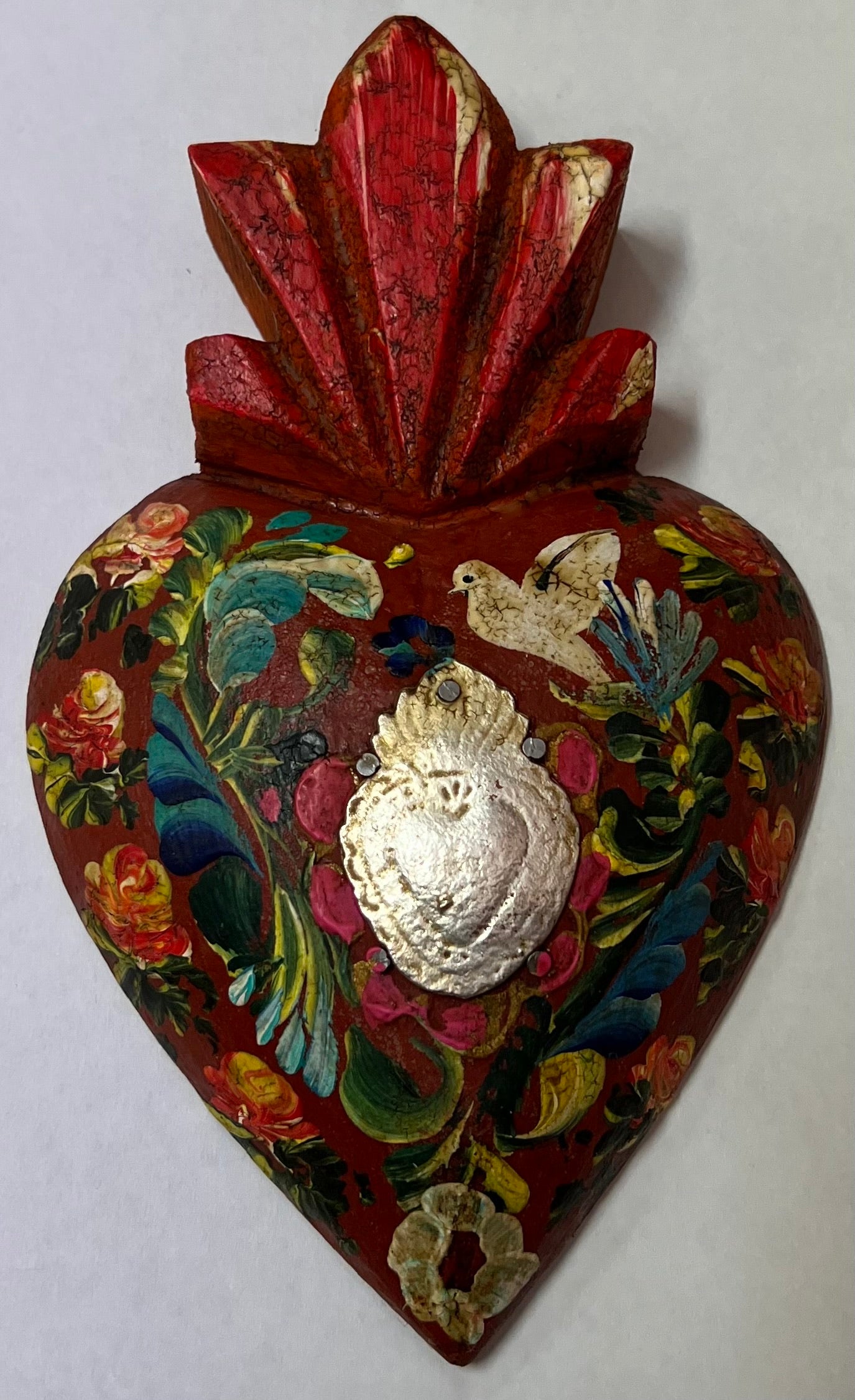 Mexican Wooden Heart With Heart Milagros - Gaudy & Prim