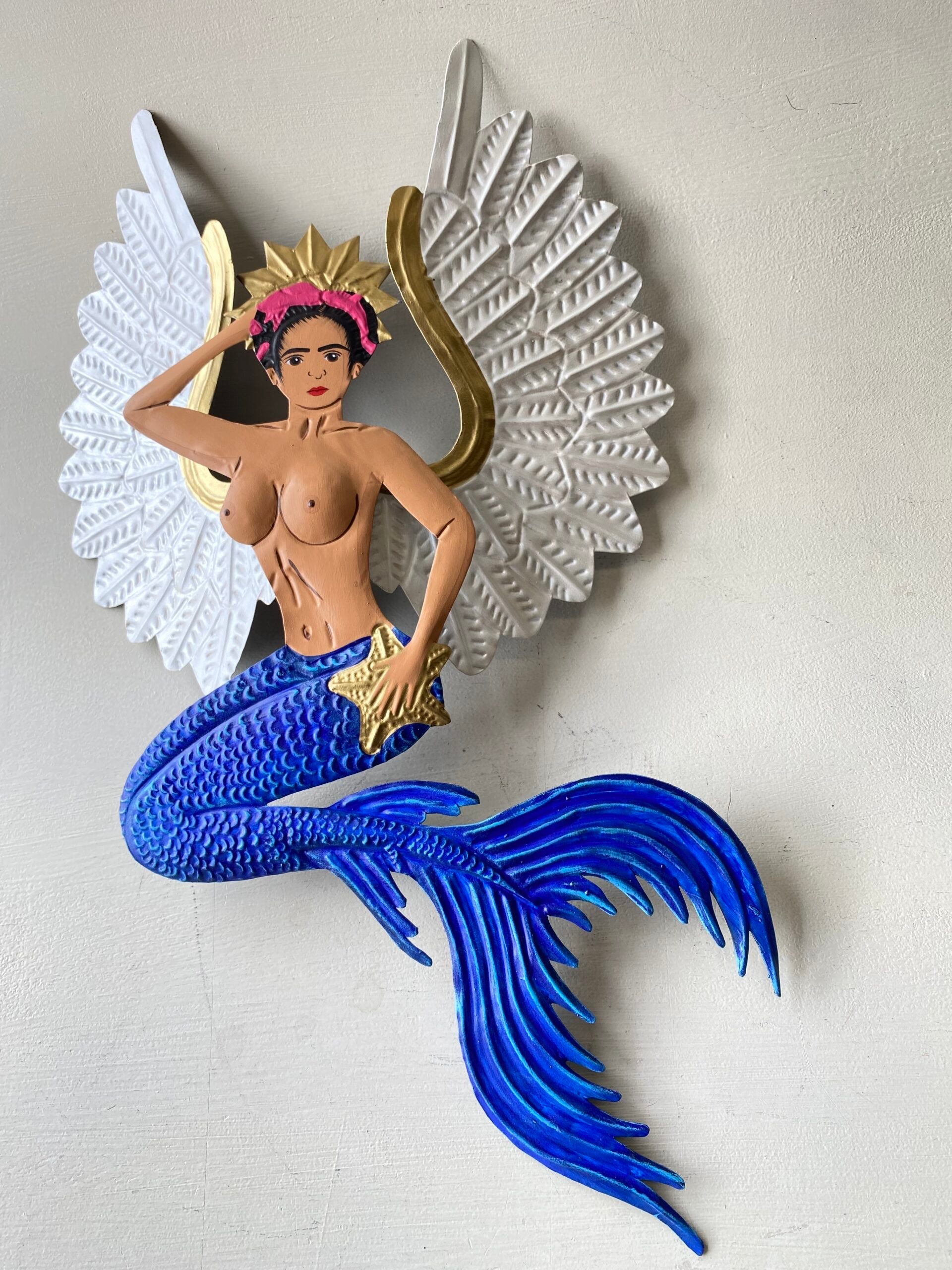 Mexican Tin Mermaid Blue with Wings - Gaudy & Prim