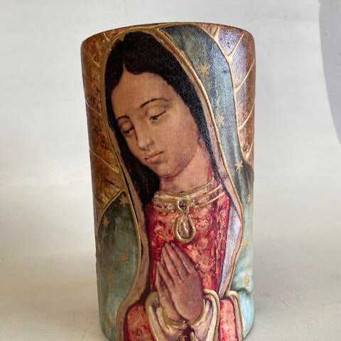 Mexican Clay Candle Holder Extra Large with Mary of Guadalupe - Gaudy & Prim