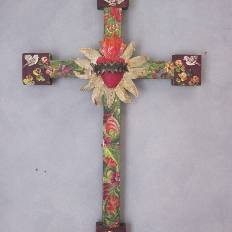 Large Mexican Antique Look Cross with Tin Heart - Gaudy & Prim