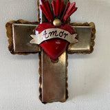 Small Mexican Metal Cross with Amor Heart