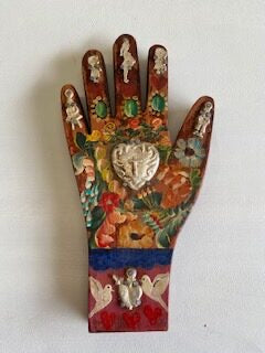 Mexican Hand Placque Antique Look with Milagros - Gaudy & Prim