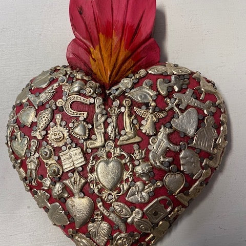 Mexican Large Wooden Heart Fuschia Covered in Milagros - Gaudy & Prim