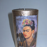 Mexican Clay Candle Holder with Frida Image Chongo and Wax Insert