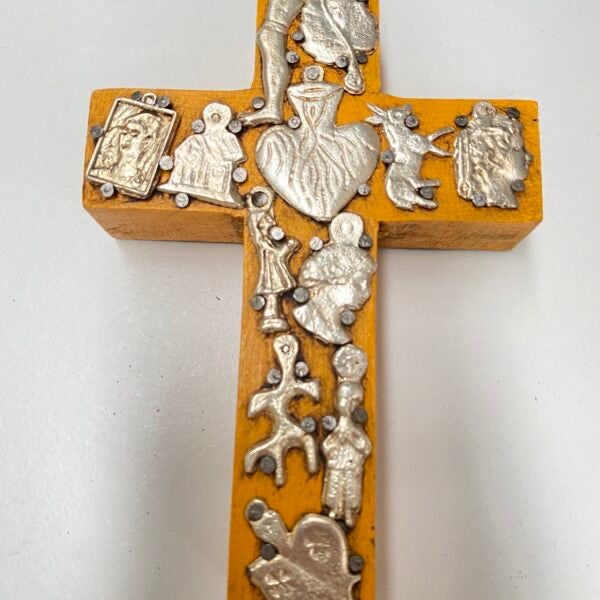Small Mexican Wooden Cross Yellow with Milagros - Gaudy & Prim