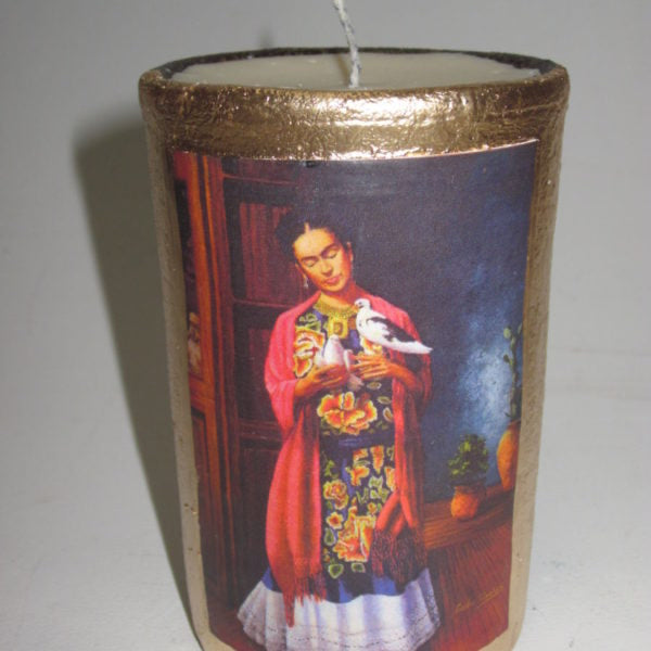 Mexican Clay Candle Holder with Frida Image Teca and Wax Insert - Gaudy & Prim