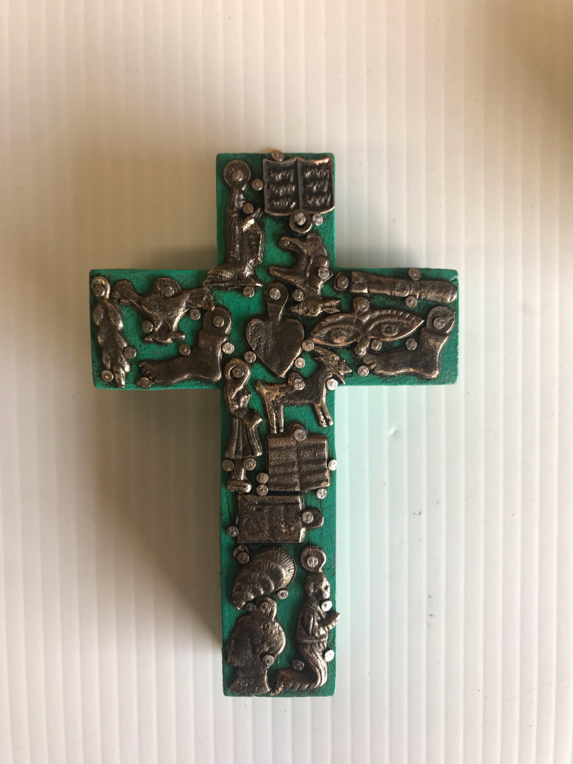 Small Mexican Wooden Cross Turquoise with Milagros - Gaudy & Prim