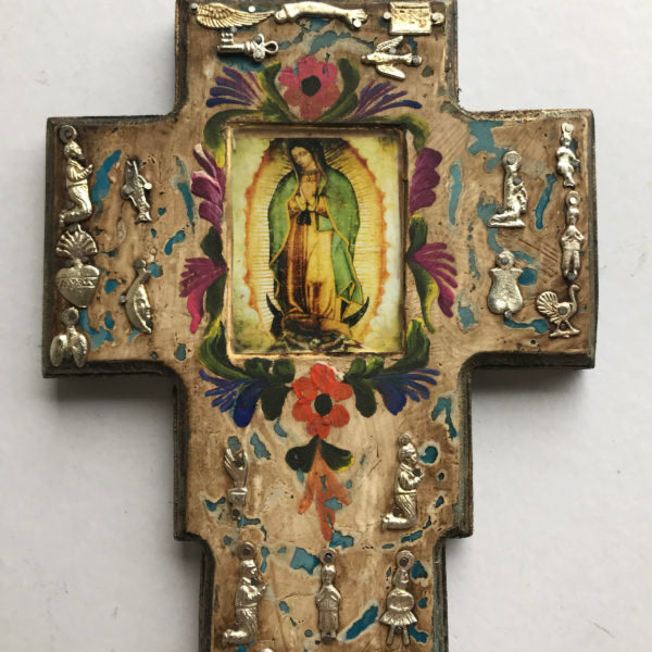 Mexican Wooden Cross Chunky with Mary and Milagros - Gaudy & Prim