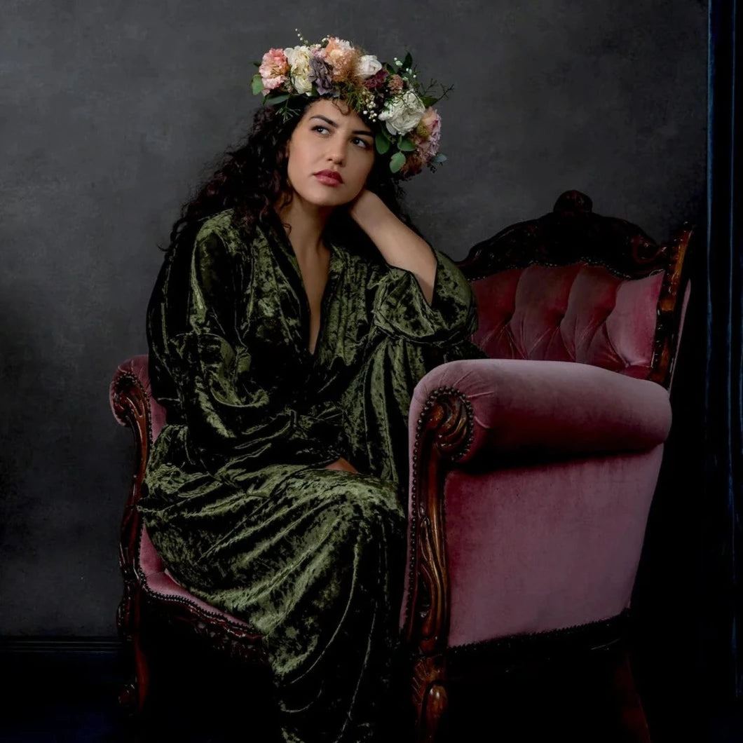 Velvet Kimono Bathrobe - Olive - Gaudy & Prim