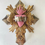 Tin Cross 3D with Gold & Pink Heart