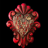 Mexican Handmade Carved Wooden Heart with Milagros