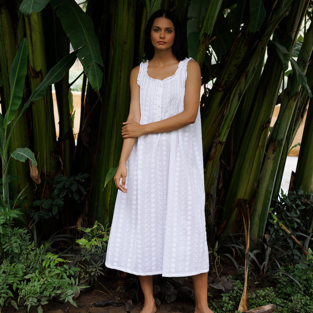 Prim and Co Marigold Embroidered Nightie - White Cotton