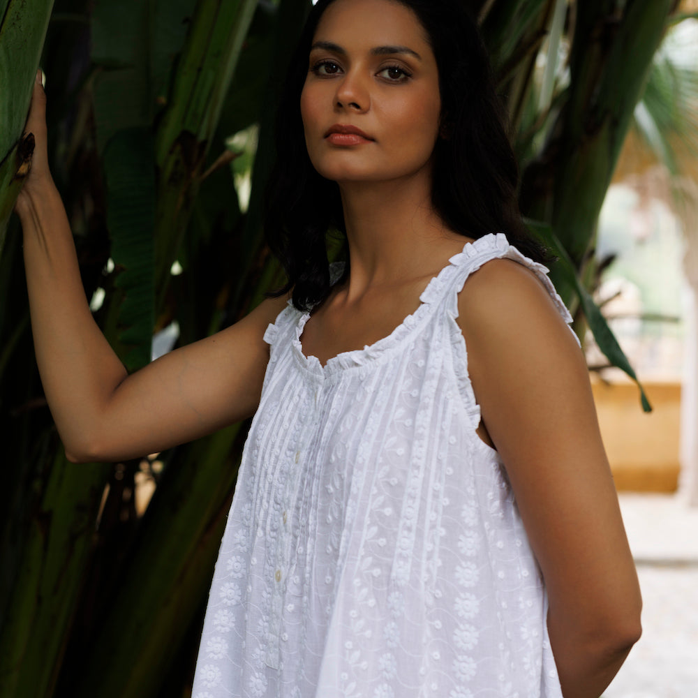 Prim and Co Marigold Embroidered Nightie - White Cotton