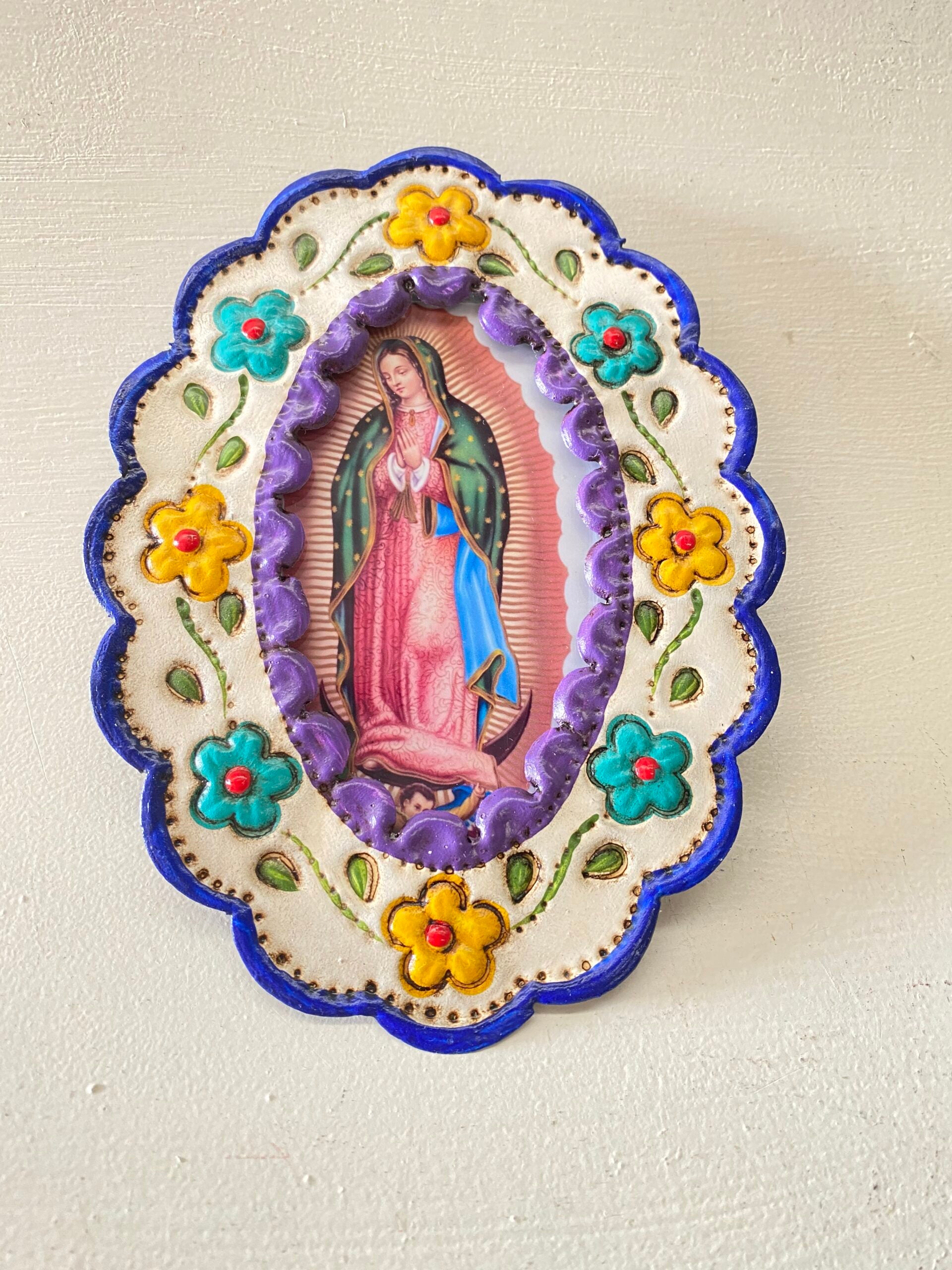 Mexican Tin Oval Frame with Virgin Mary - Gaudy & Prim