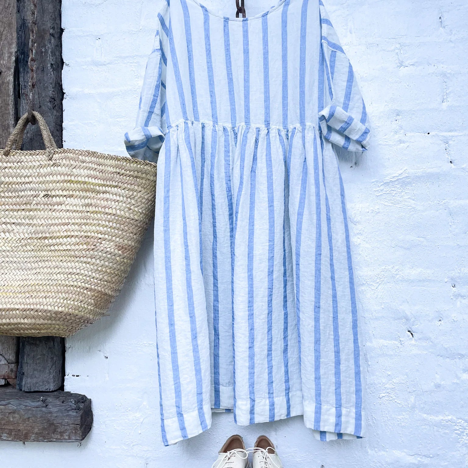 Sarah Linen Dress - Blue and White Stripe - Gaudy & Prim