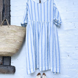 Sarah Linen Dress - Blue and White Stripe - Gaudy & Prim