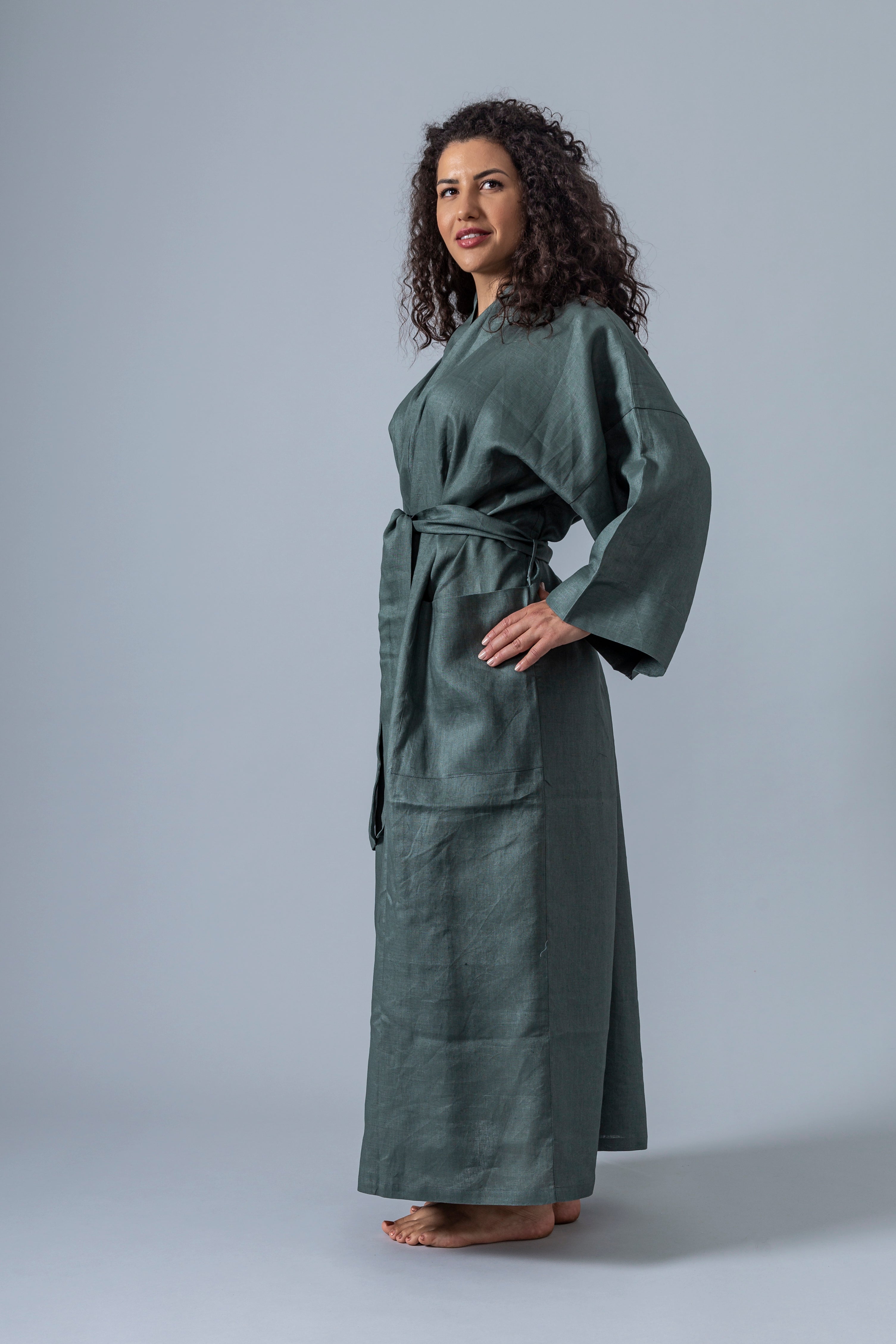 Linen Kimono Bathrobe - Olive - Gaudy & Prim