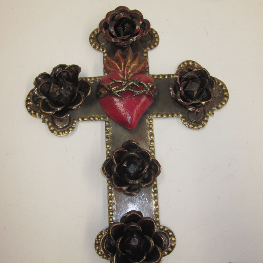 Mexican Tin Cross With Sacred Heart and Tin Roses - Gaudy & Prim
