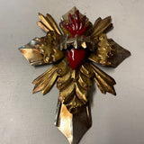 Golden Tin Cross with Heart Mexican - Gaudy & Prim