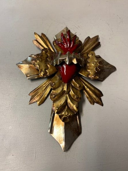 Golden Tin Cross with Heart Mexican - Gaudy & Prim