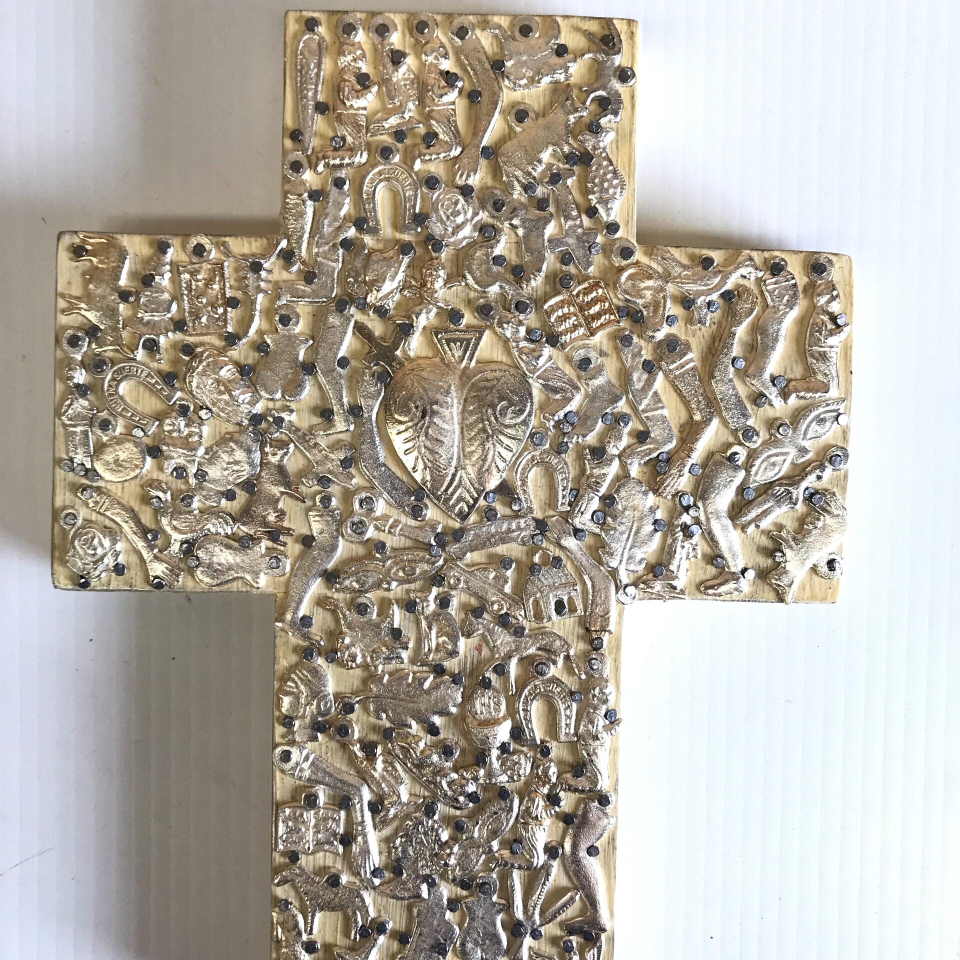Mexican White Wooden Cross With Milagros - Gaudy & Prim