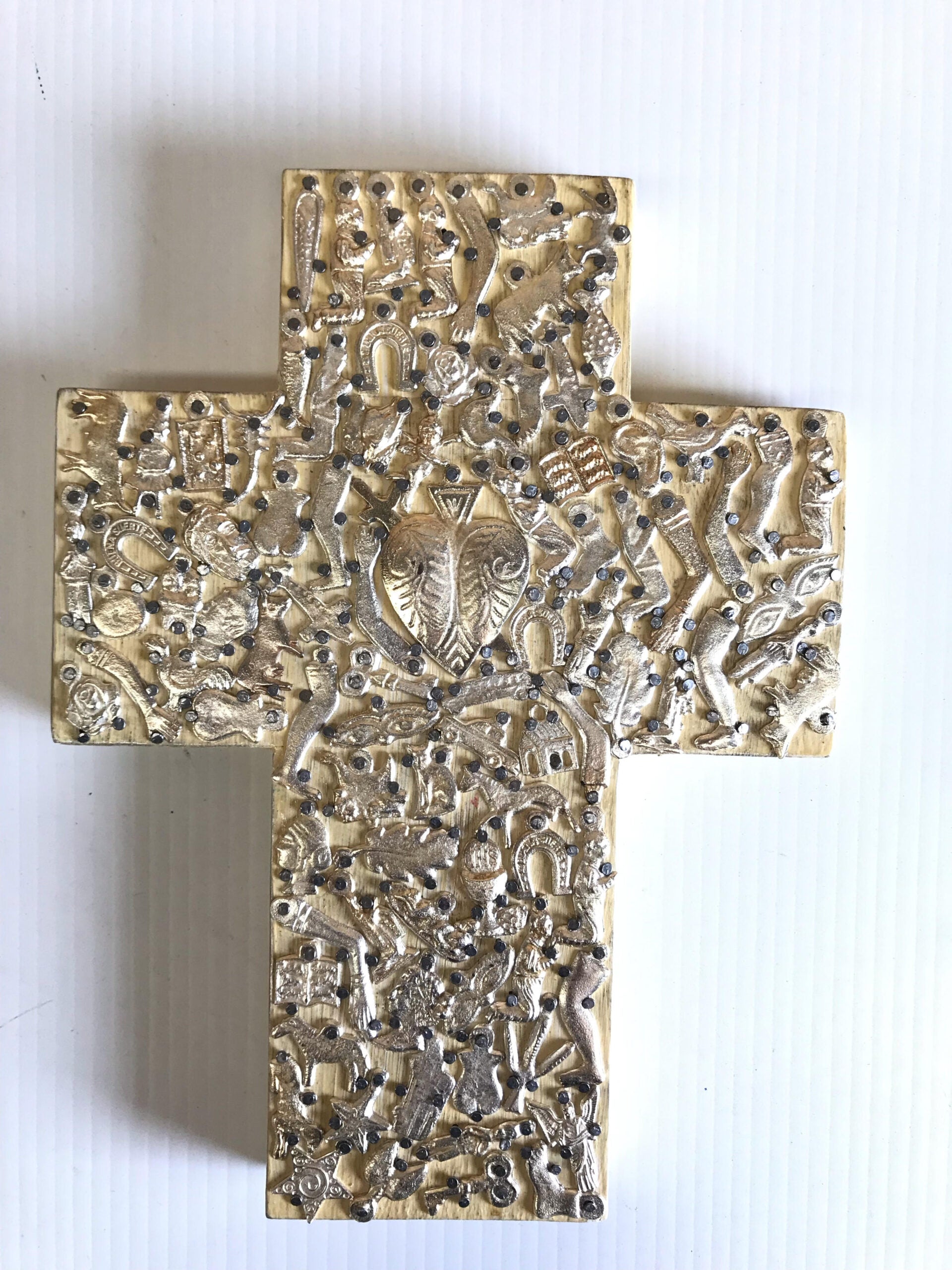 Mexican White Wooden Cross With Milagros - Gaudy & Prim