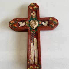 Mexican Wooden Cross with Heart and Milagros Antique Finish - Gaudy & Prim