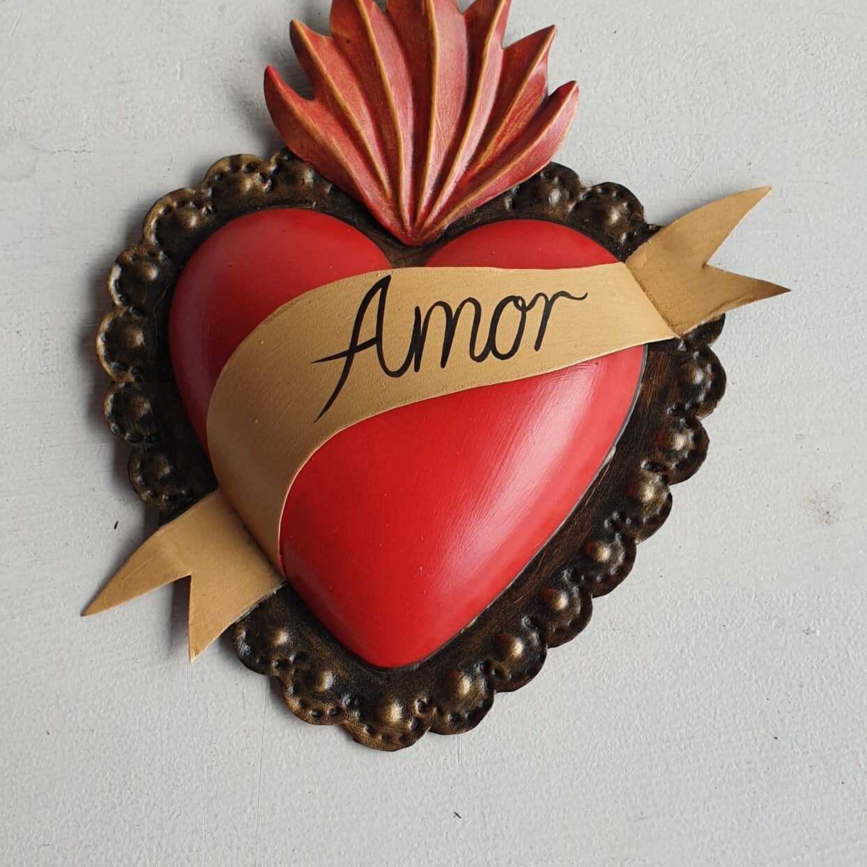 Mexican Tin Heart ‘Amor’ Large - Gaudy & Prim