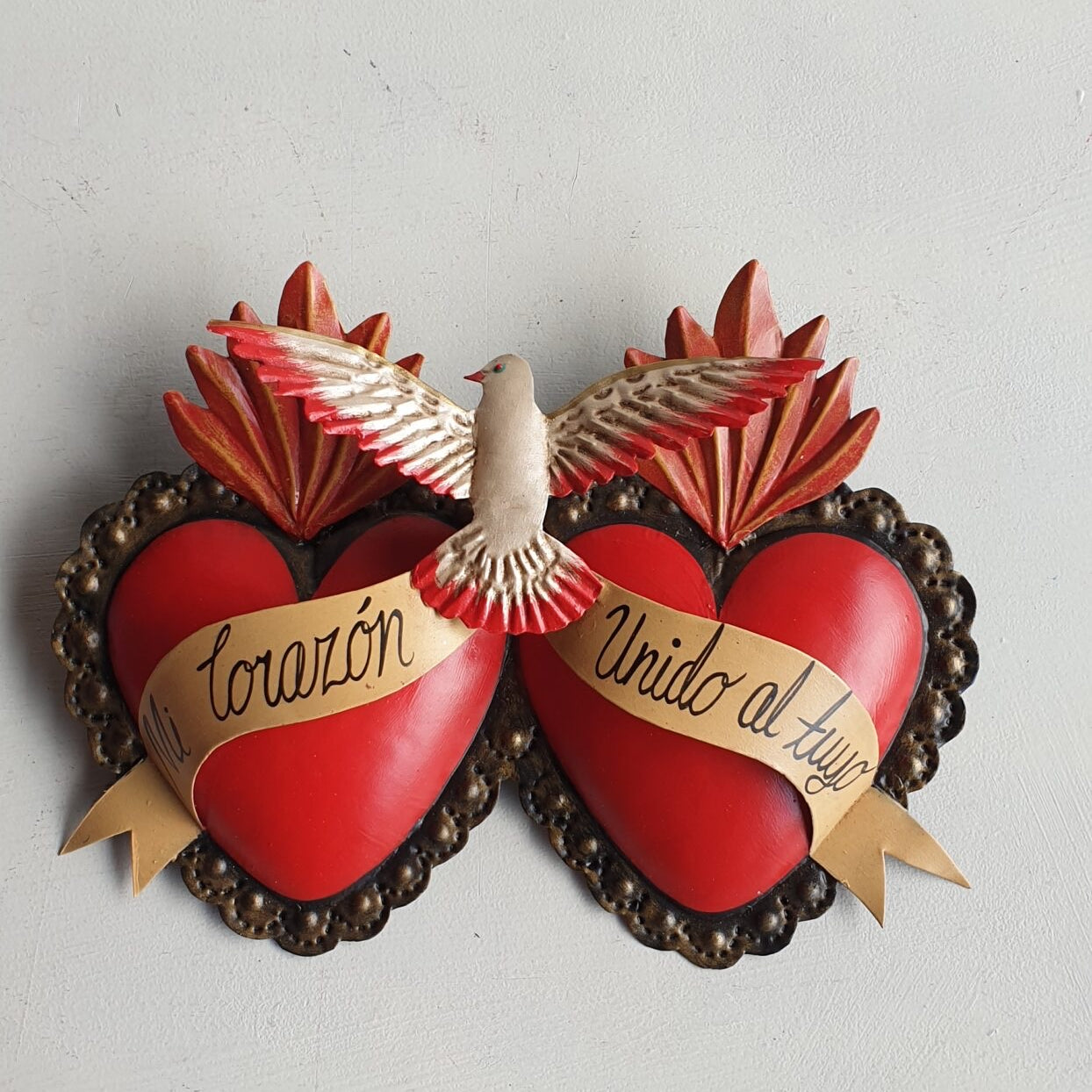 Mexican Double Tin Heart With Dove - Gaudy & Prim