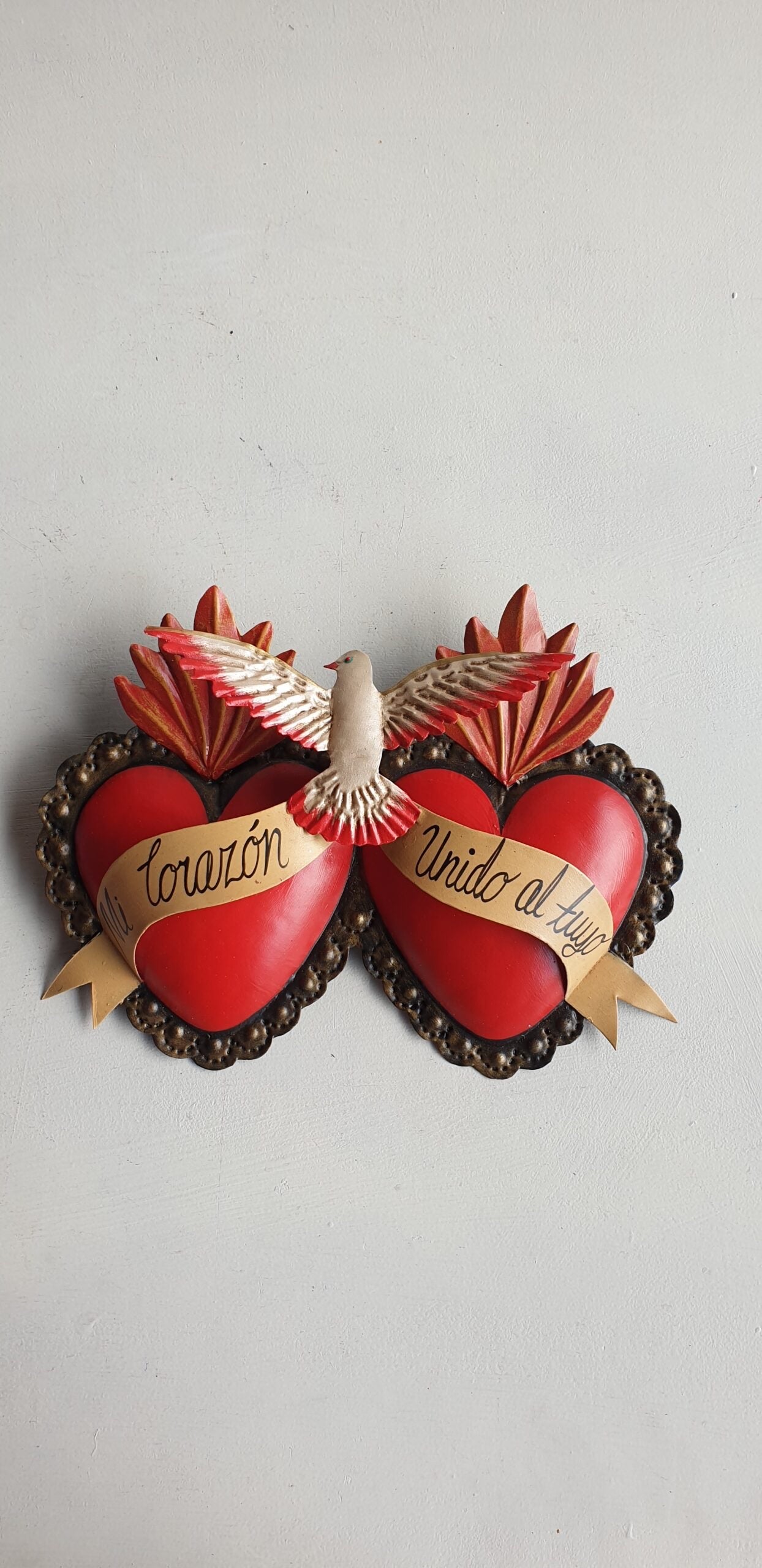 Mexican Double Tin Heart With Dove - Gaudy & Prim