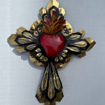 Golden Tin Cross with Heart Mexican - Gaudy & Prim