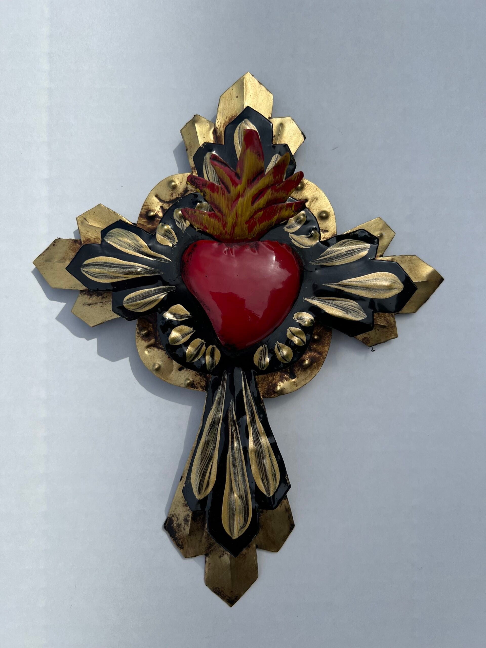 Golden Tin Cross with Heart Mexican - Gaudy & Prim