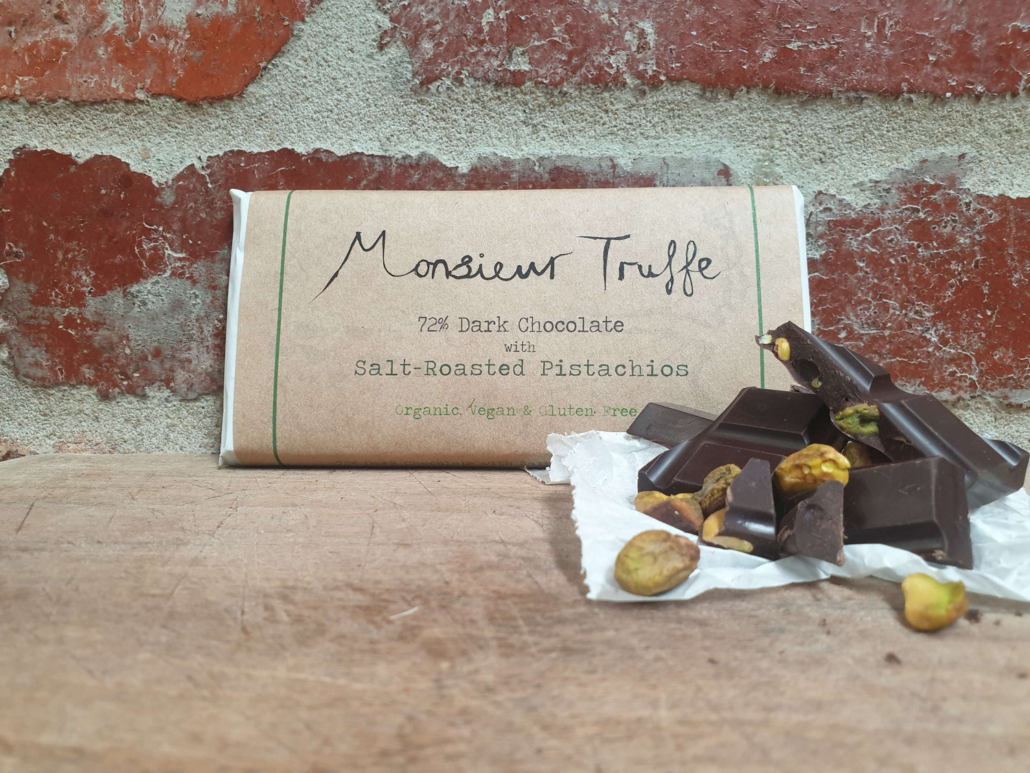 Monsieur Truffe 72% Dark Chocolate with Salt Roasted Pistachios (100g) - Gaudy & Prim