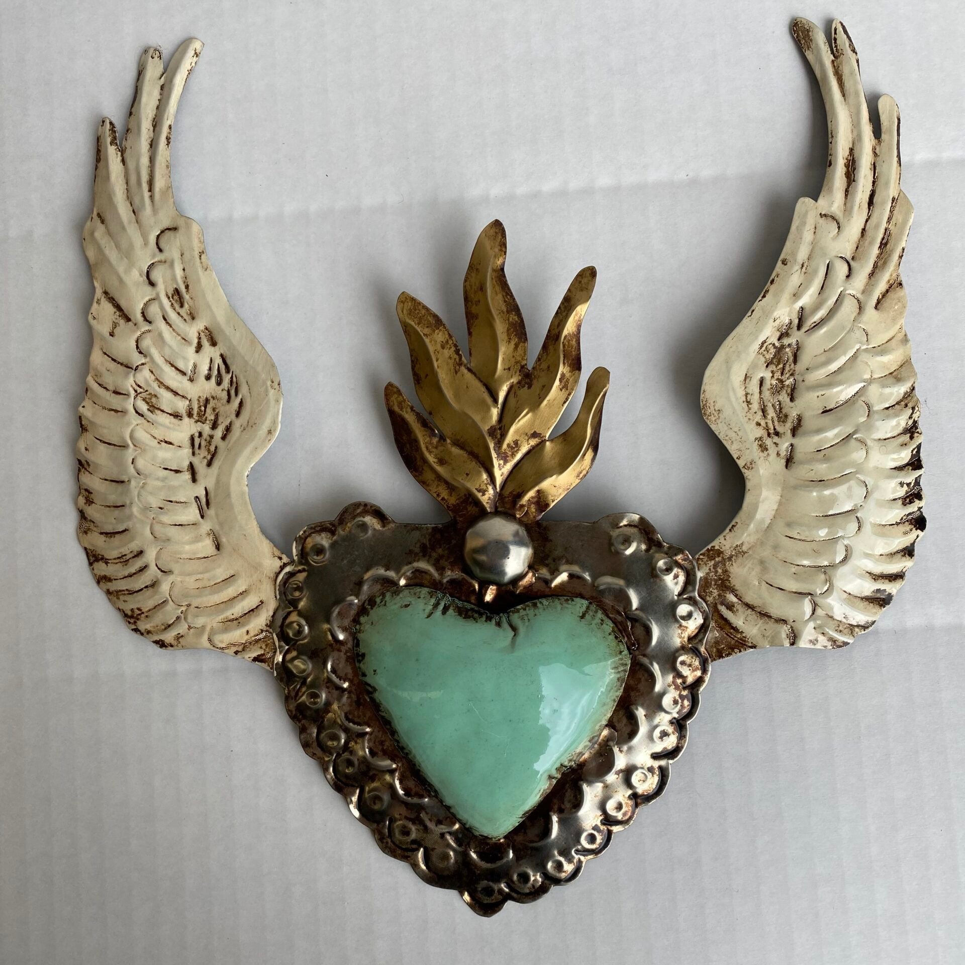 Mexican Tin Blue Heart with Wings and Flame - Gaudy & Prim