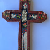 Mexican Wooden Cross with Mary and Milagros Antique Finish - Gaudy & Prim
