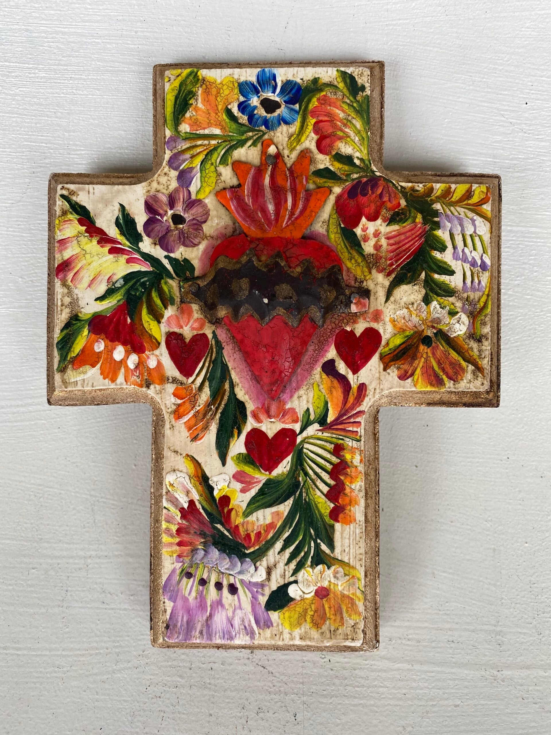 Mexican Cross with Tin Heart - Gaudy & Prim